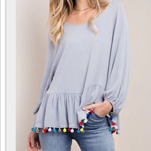🆕Silver Babydoll Top with Pompom Hem🆕
